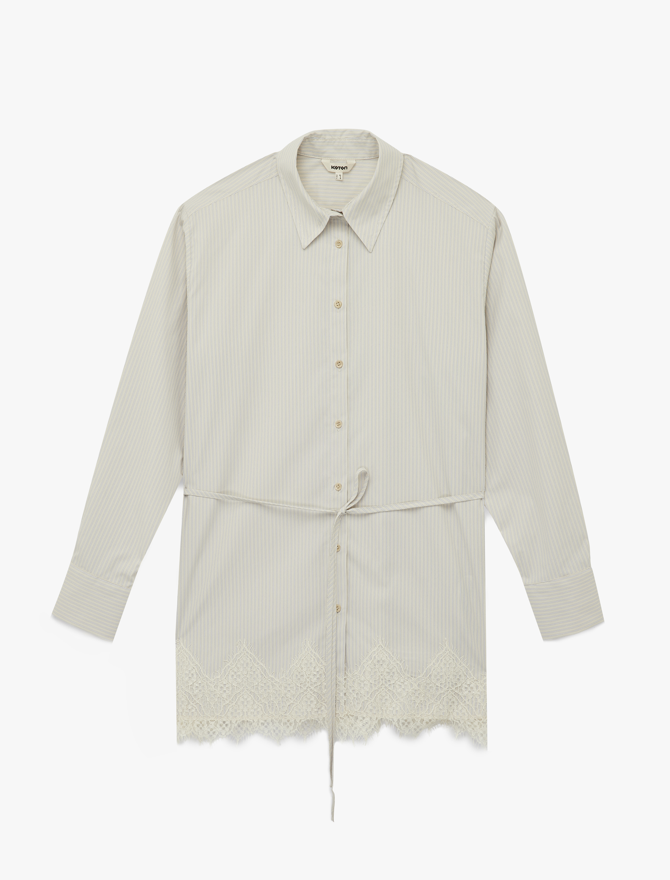   Dantel Detaylı Uzun Kollu Kemerli Çizgili Tunik Gömlek