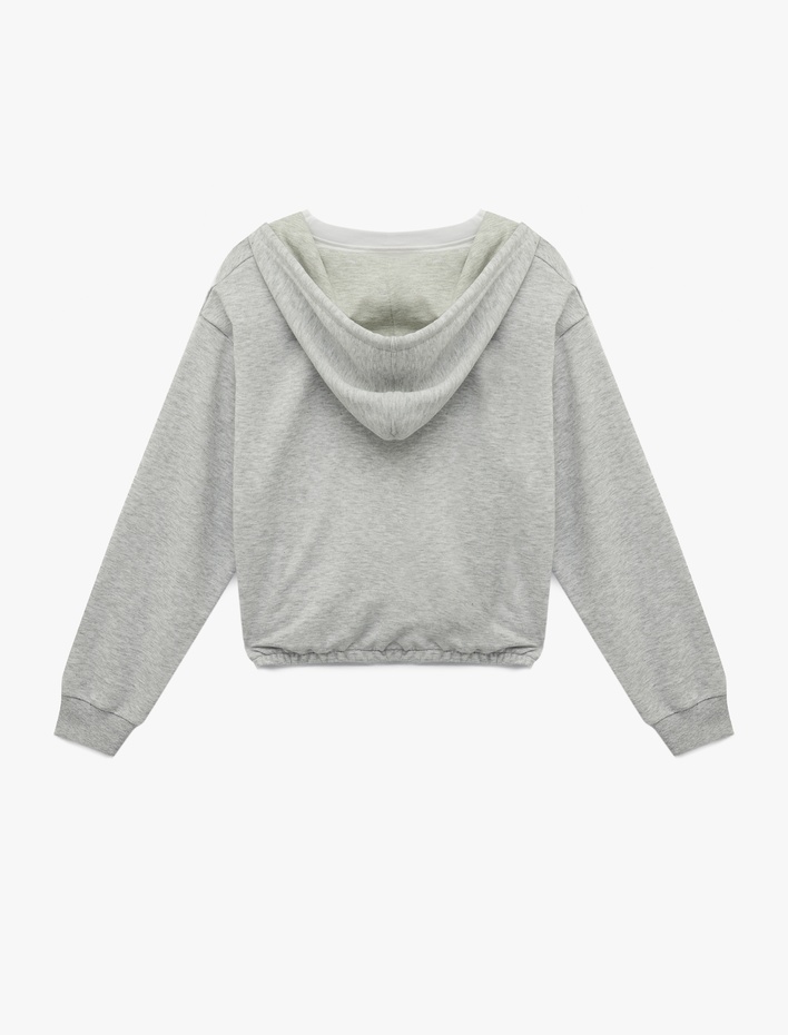  Uzun Kollu Kapüşonlu Fermuarlı Crop Sweatshirt
