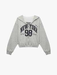 Uzun Kollu Kapüşonlu Fermuarlı Crop Sweatshirt