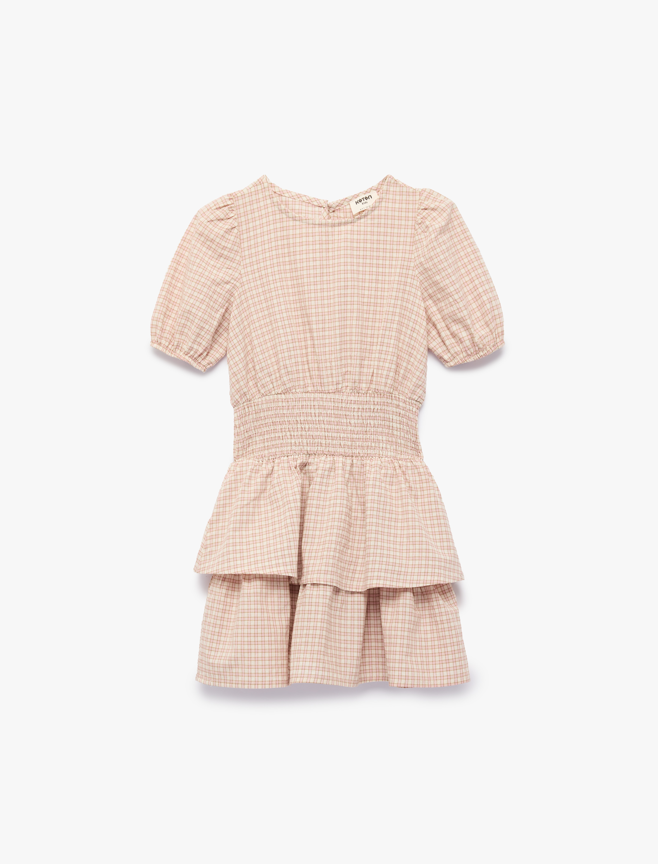  Kız Çocuk Pamuklu Bisiklet Yaka Katlı Gipeli Ekoseli Kısa Kollu Balon Kol Elbise