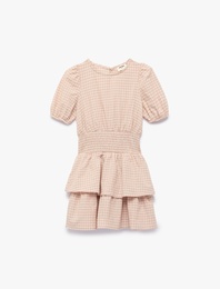 Pamuklu Bisiklet Yaka Katlı Gipeli Ekoseli Kısa Kollu Balon Kol Elbise