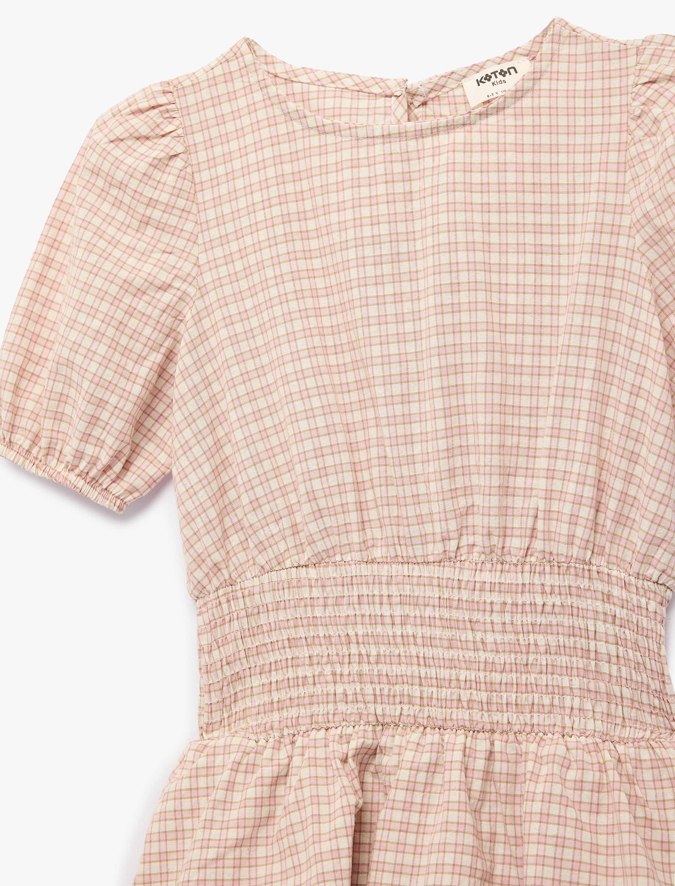  Kız Çocuk Pamuklu Bisiklet Yaka Katlı Gipeli Ekoseli Kısa Kollu Balon Kol Elbise