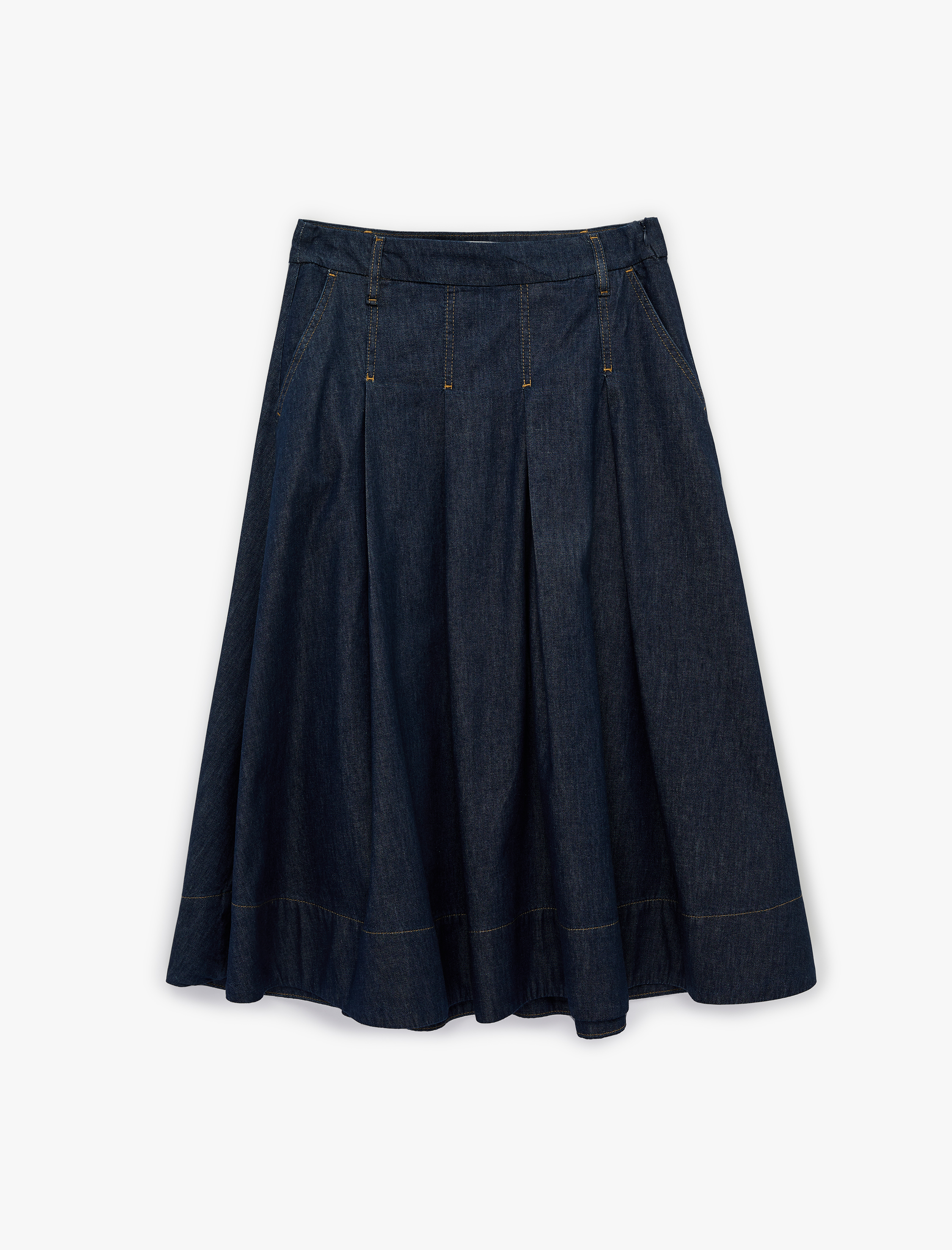   Pamuklu Rahat Kalıp Pileli Midi Denim Etek