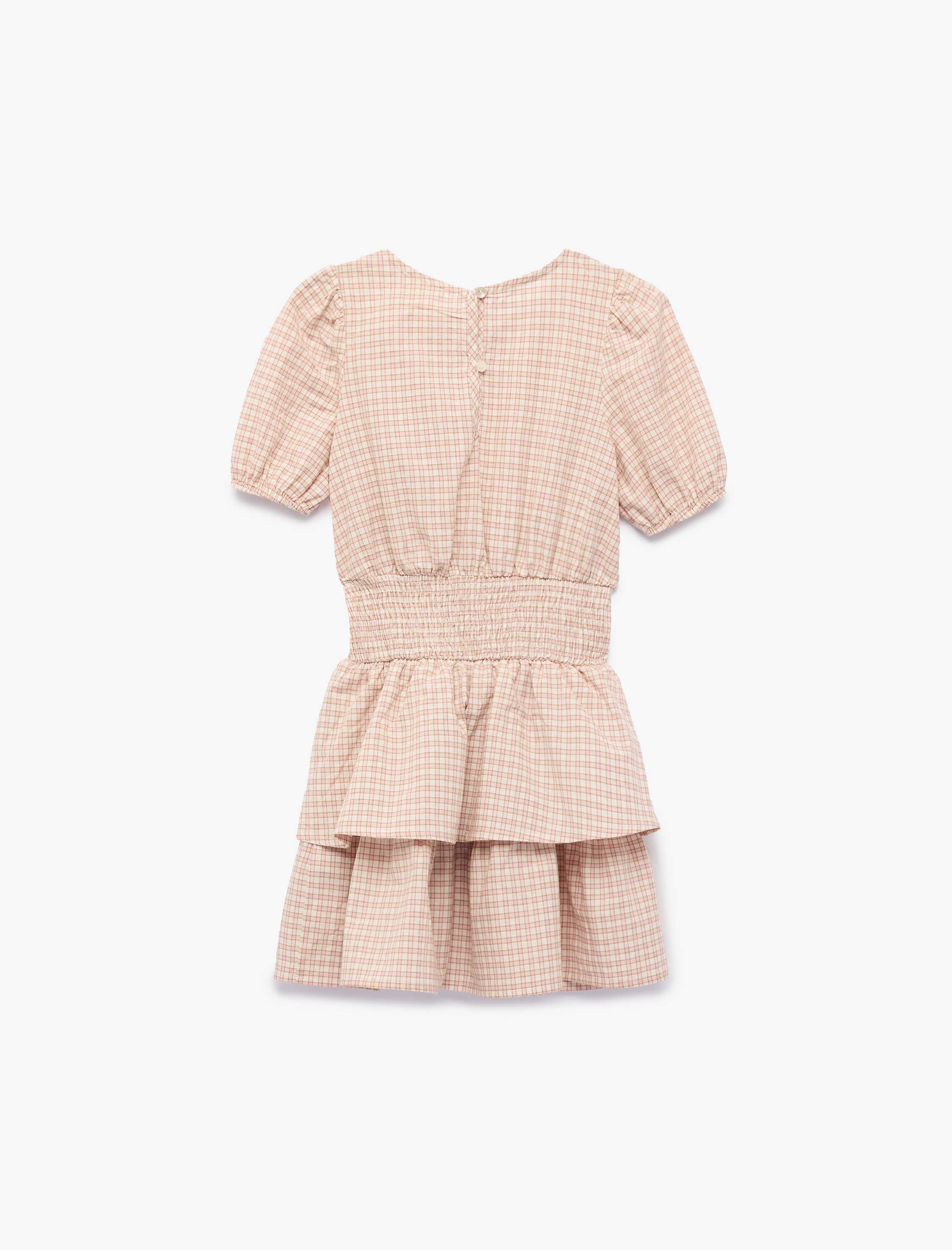  Kız Çocuk Pamuklu Bisiklet Yaka Katlı Gipeli Ekoseli Kısa Kollu Balon Kol Elbise