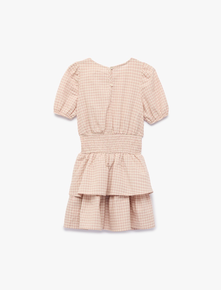 Kız Çocuk Pamuklu Bisiklet Yaka Katlı Gipeli Ekoseli Kısa Kollu Balon Kol Elbise