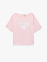 Rahat Kalıp Omzu Açık Kısa Kollu Baskılı Tişört