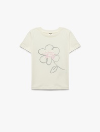 Pamuklu Kısa Kollu Bisiklet Yaka Baskılı Tişört