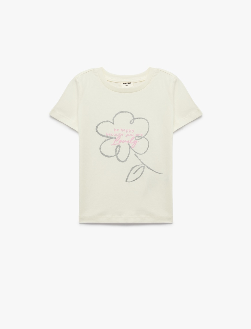 Koton Kız Bebek Pamuklu Kısa Kollu Bisiklet Yaka Baskılı T-Shirt