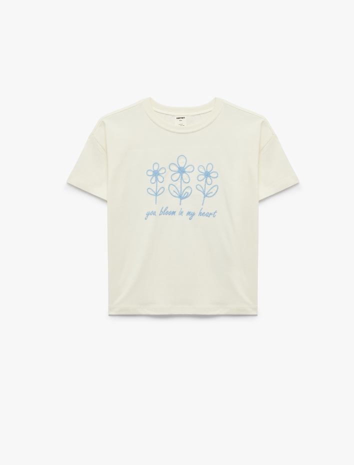 Kız Bebek Pamuklu Kısa Kollu Bisiklet Yaka Çiçek Nakış Detaylı Tişört