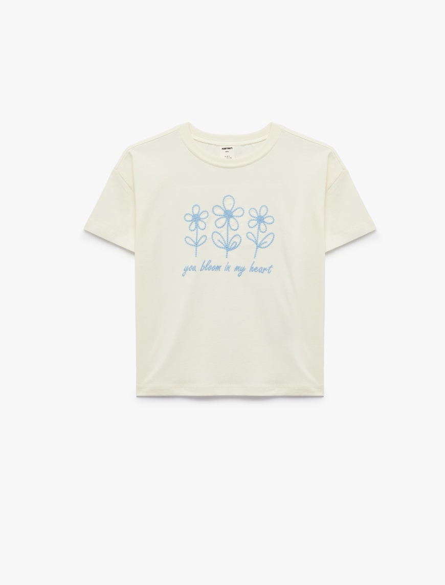 Koton Kız Bebek Pamuklu Kısa Kollu Bisiklet Yaka Çiçek Nakış Detaylı T-Shirt