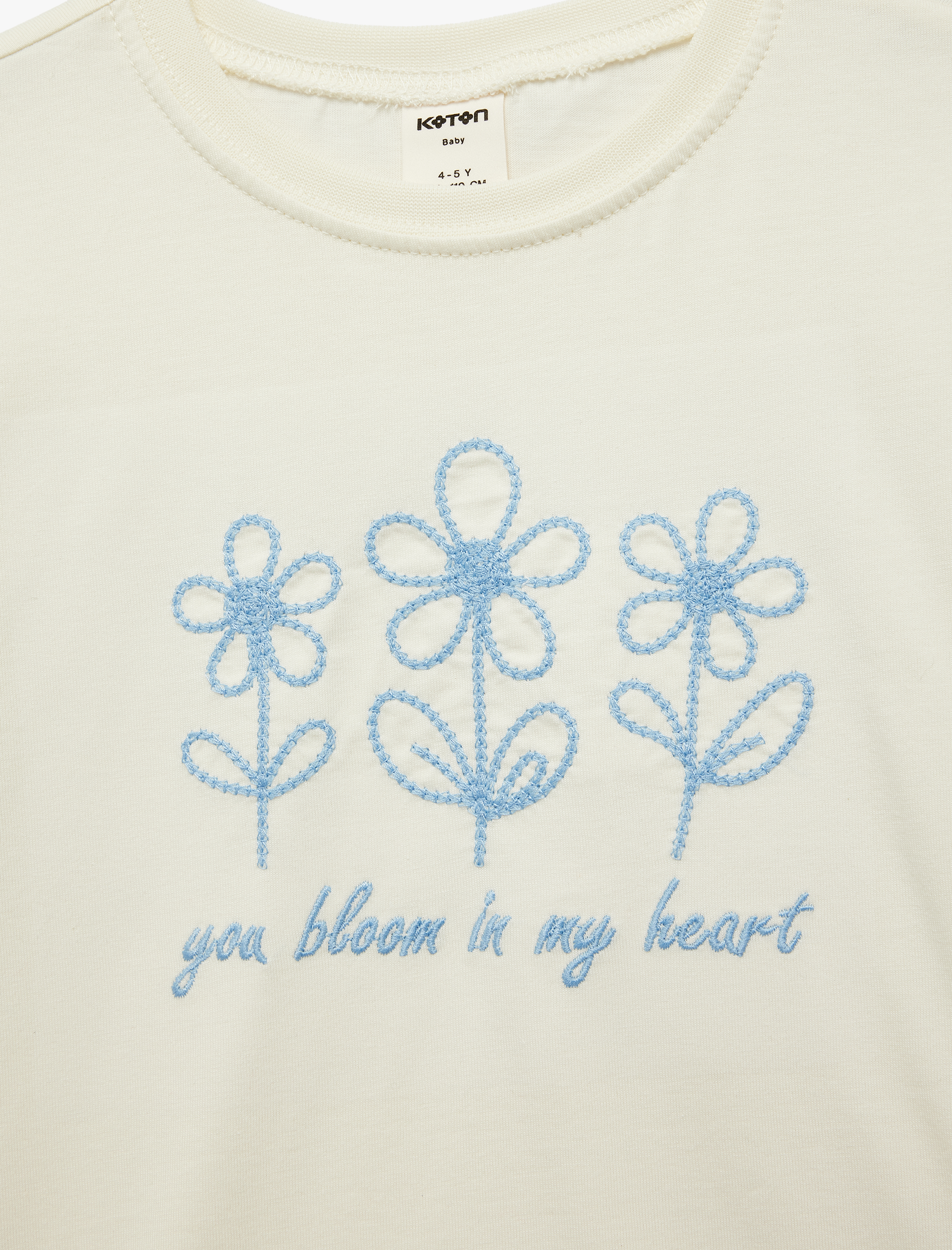  Kız Bebek Pamuklu Kısa Kollu Bisiklet Yaka Çiçek Nakış Detaylı Tişört