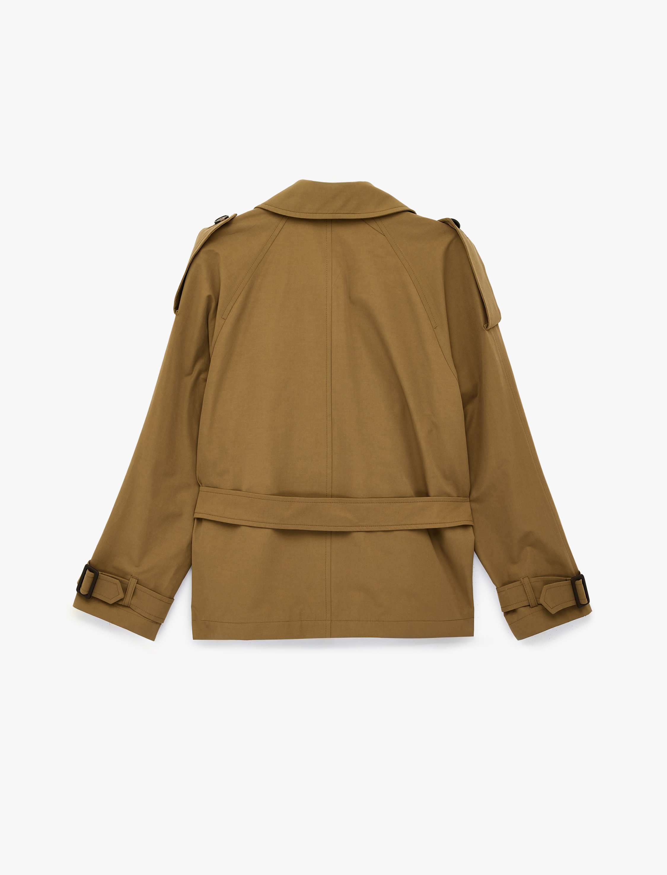   Uzun Kollu Düğmeli Cepli Kruvaze Kemerli Gabardin Kısa Trençkot