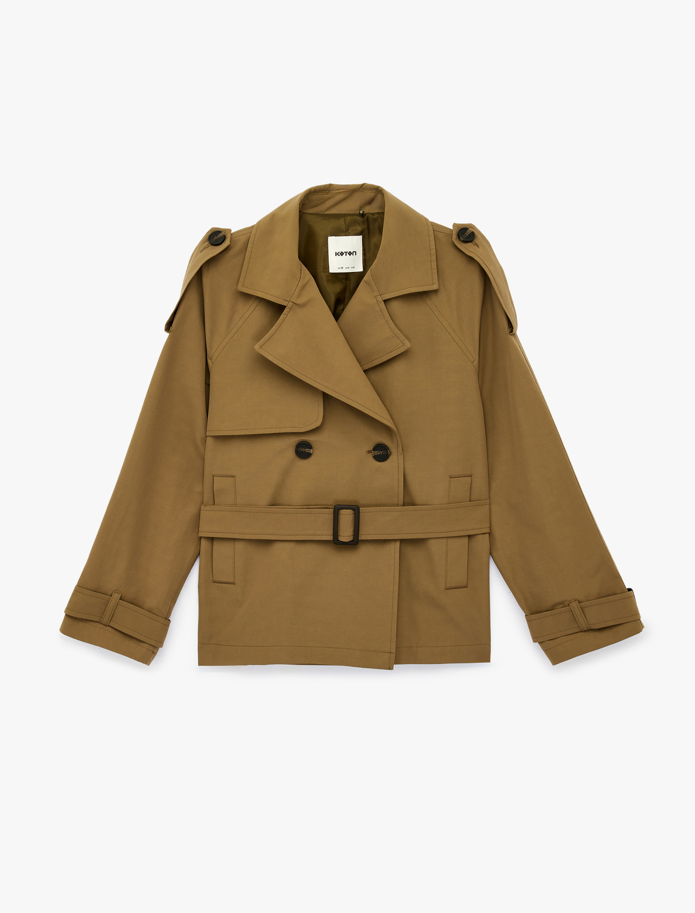   Uzun Kollu Düğmeli Cepli Kruvaze Kemerli Gabardin Kısa Trençkot