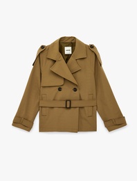 Uzun Kollu Düğmeli Cepli Kruvaze Kemerli Gabardin Kısa Trençkot