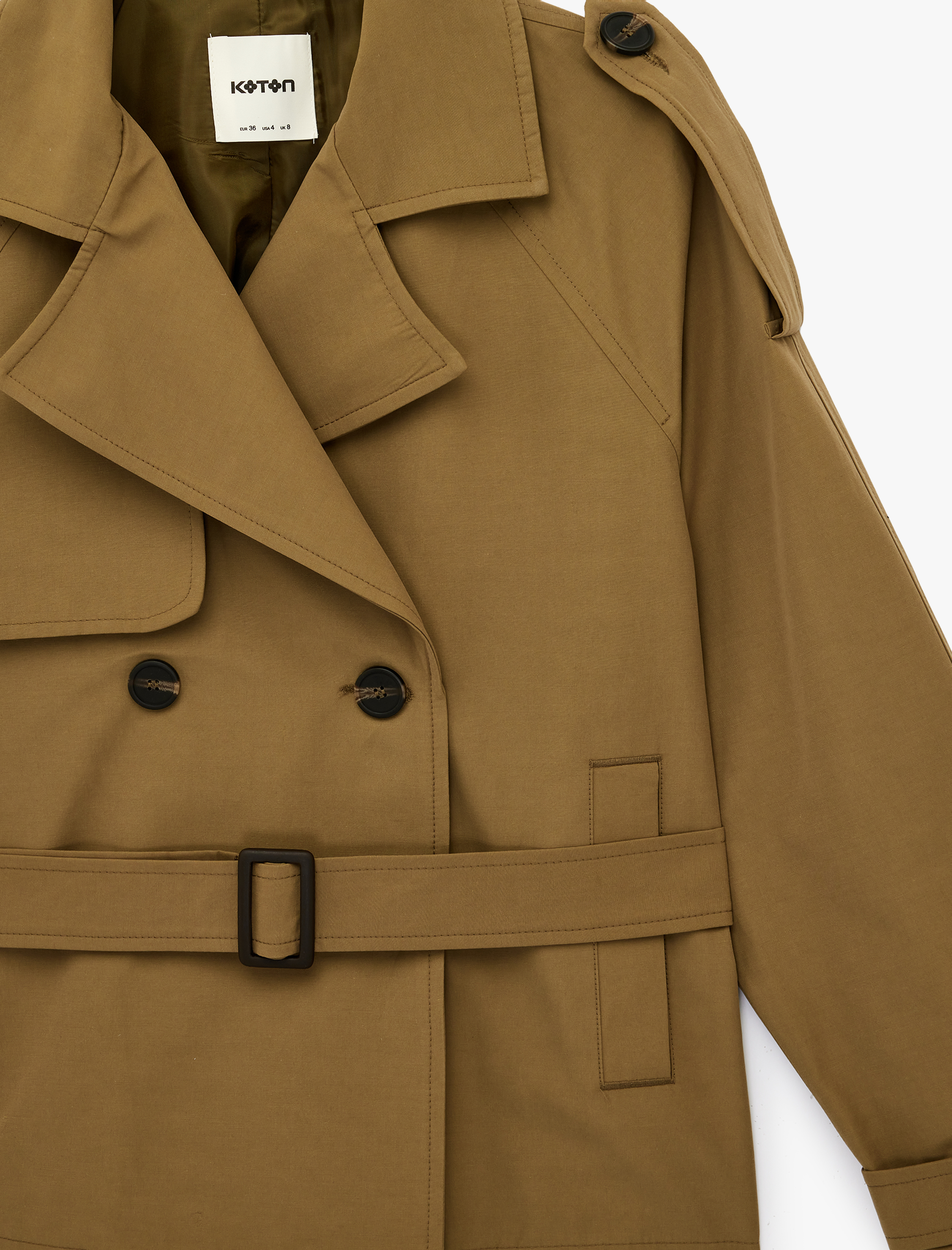   Uzun Kollu Düğmeli Cepli Kruvaze Kemerli Gabardin Kısa Trençkot