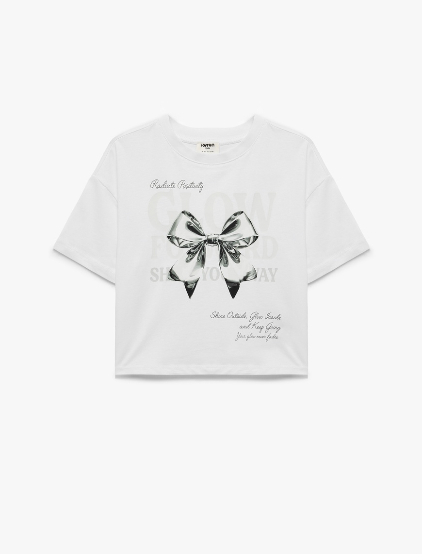 Koton Pamuklu Kısa Kollu Bisiklet Yaka Fiyonk Baskılı T-Shirt