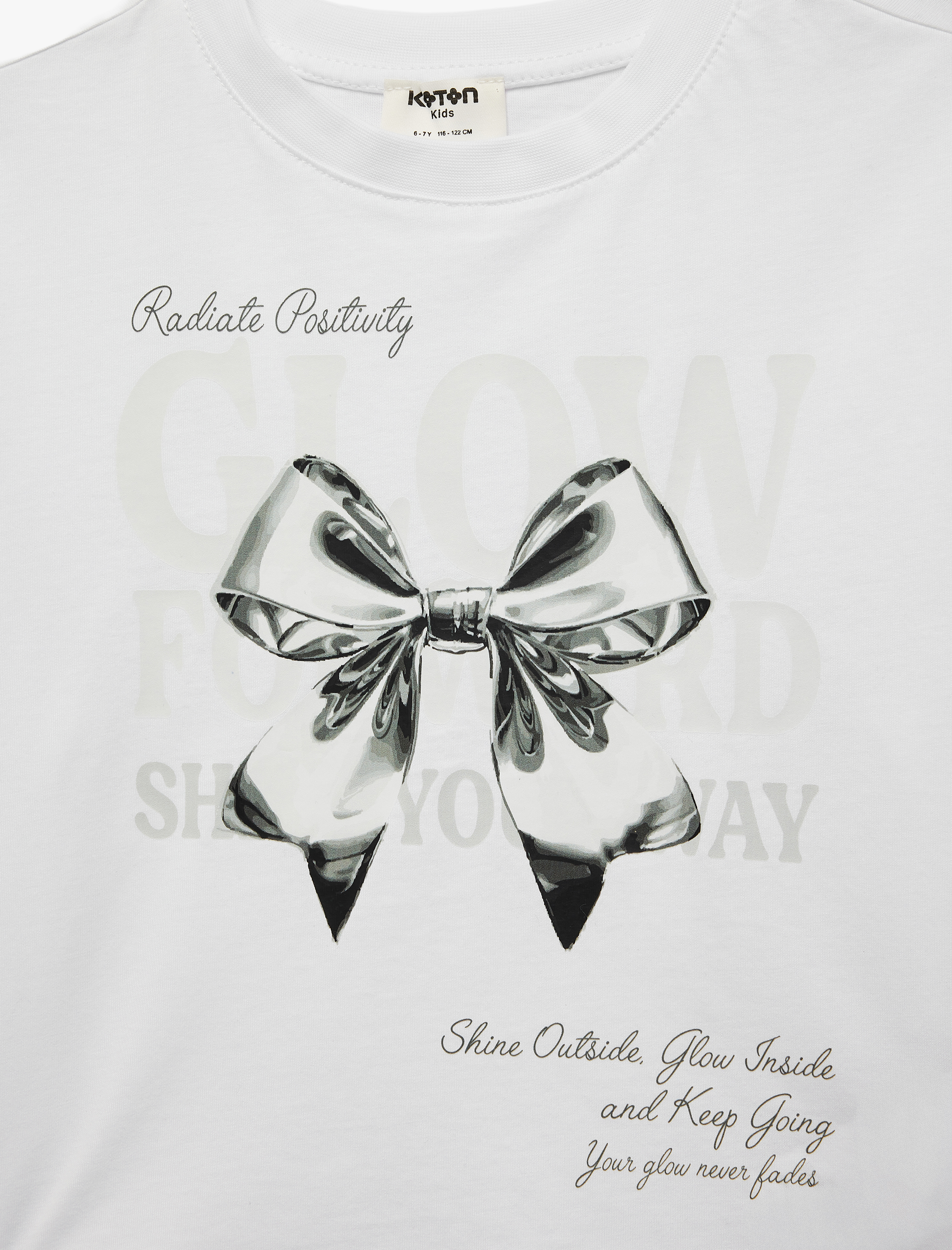  Kız Çocuk Pamuklu Kısa Kollu Bisiklet Yaka Fiyonk Baskılı Tişört