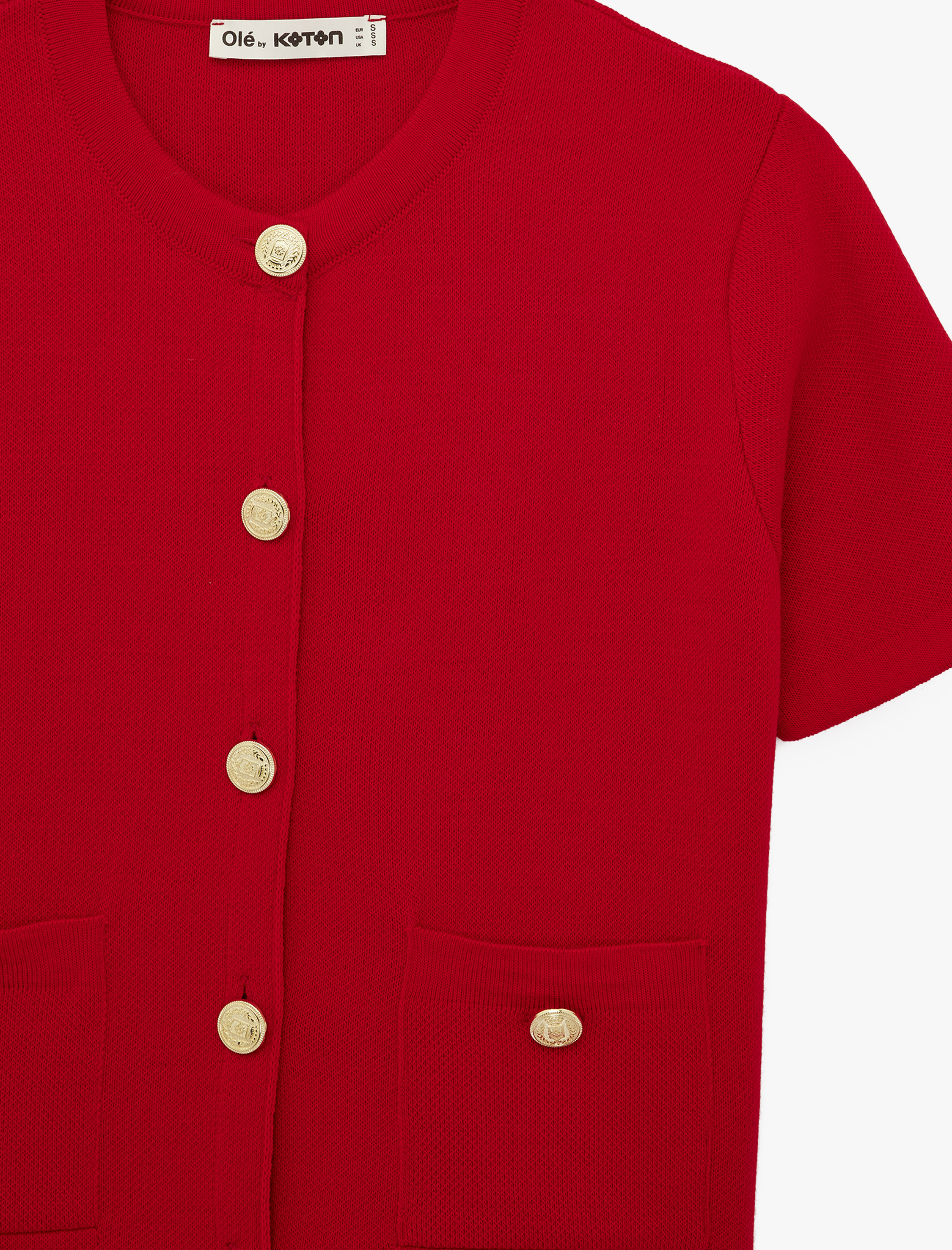   Düğmeli Cepli Kısa Kollu Bisiklet Yaka Triko Hırka