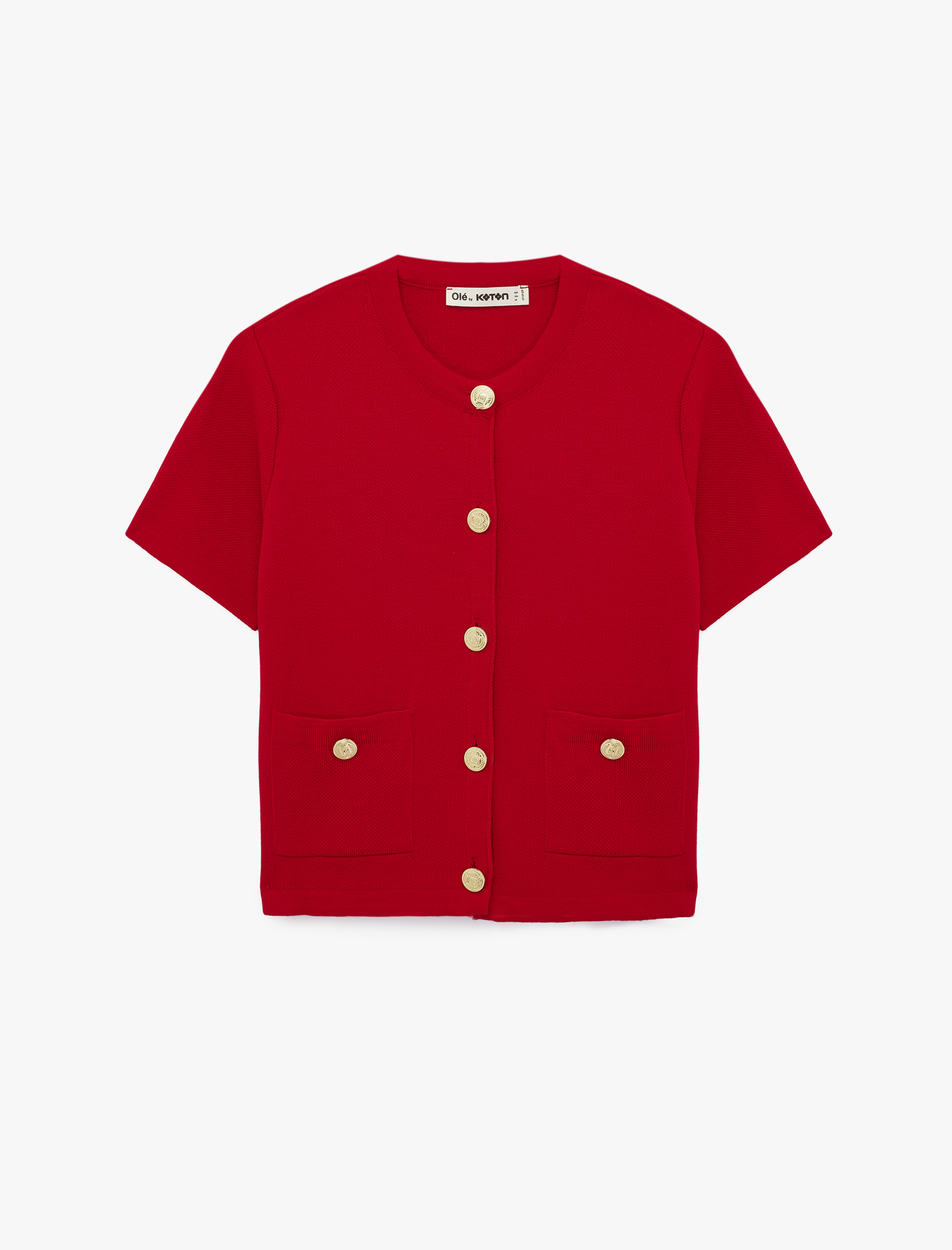   Düğmeli Cepli Kısa Kollu Bisiklet Yaka Triko Hırka