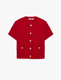 Düğmeli Cepli Kısa Kollu Bisiklet Yaka Triko Hırka