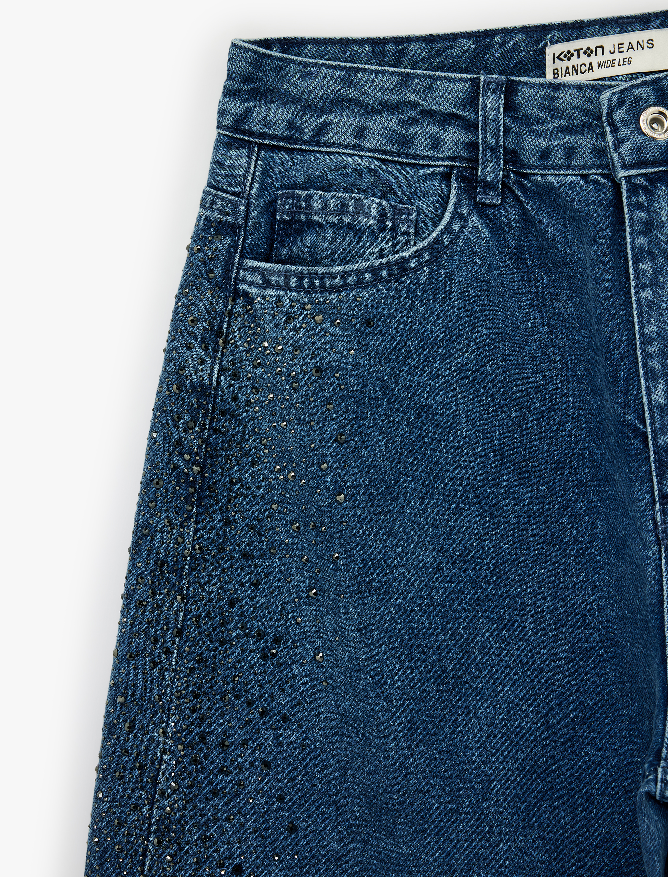   Düğmeli Cepli Geniş Paça Pamuklu Taşlı Jean Pantolon - Wide Leg Jeans