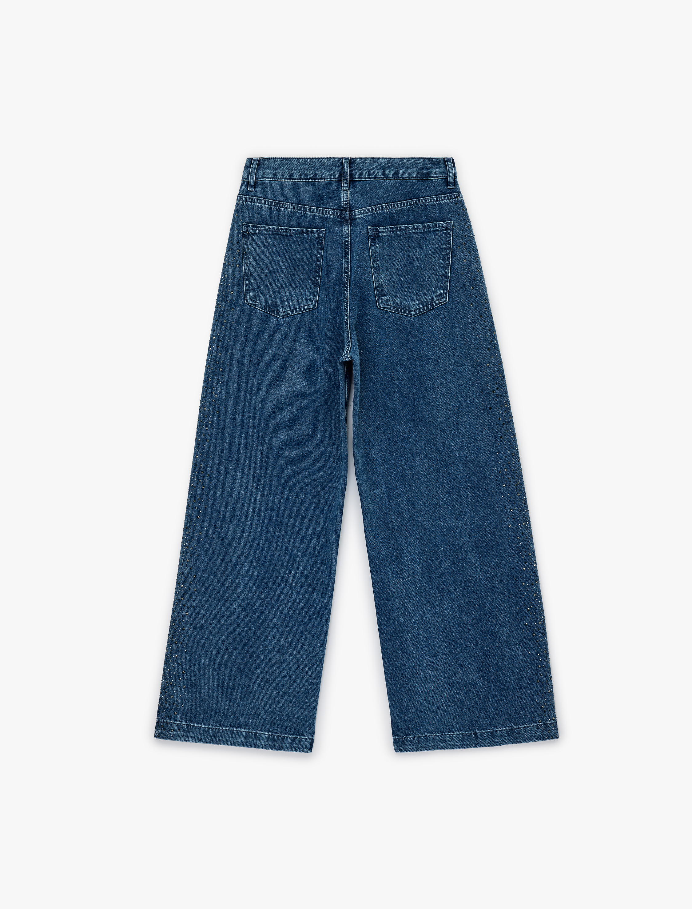  Düğmeli Cepli Geniş Paça Pamuklu Taşlı Jean Pantolon - Wide Leg Jeans
