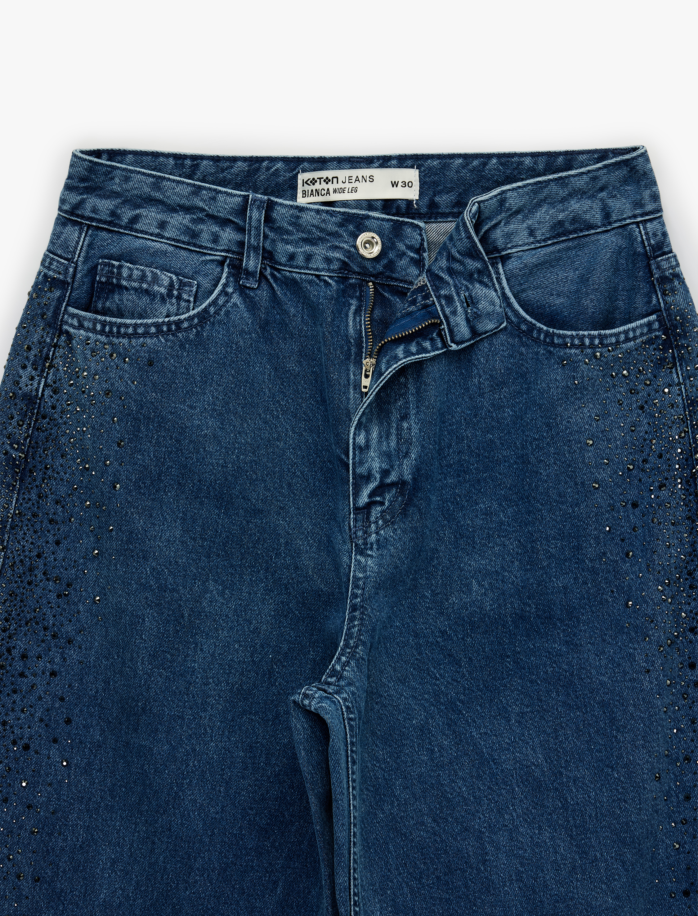   Düğmeli Cepli Geniş Paça Pamuklu Taşlı Jean Pantolon - Wide Leg Jeans