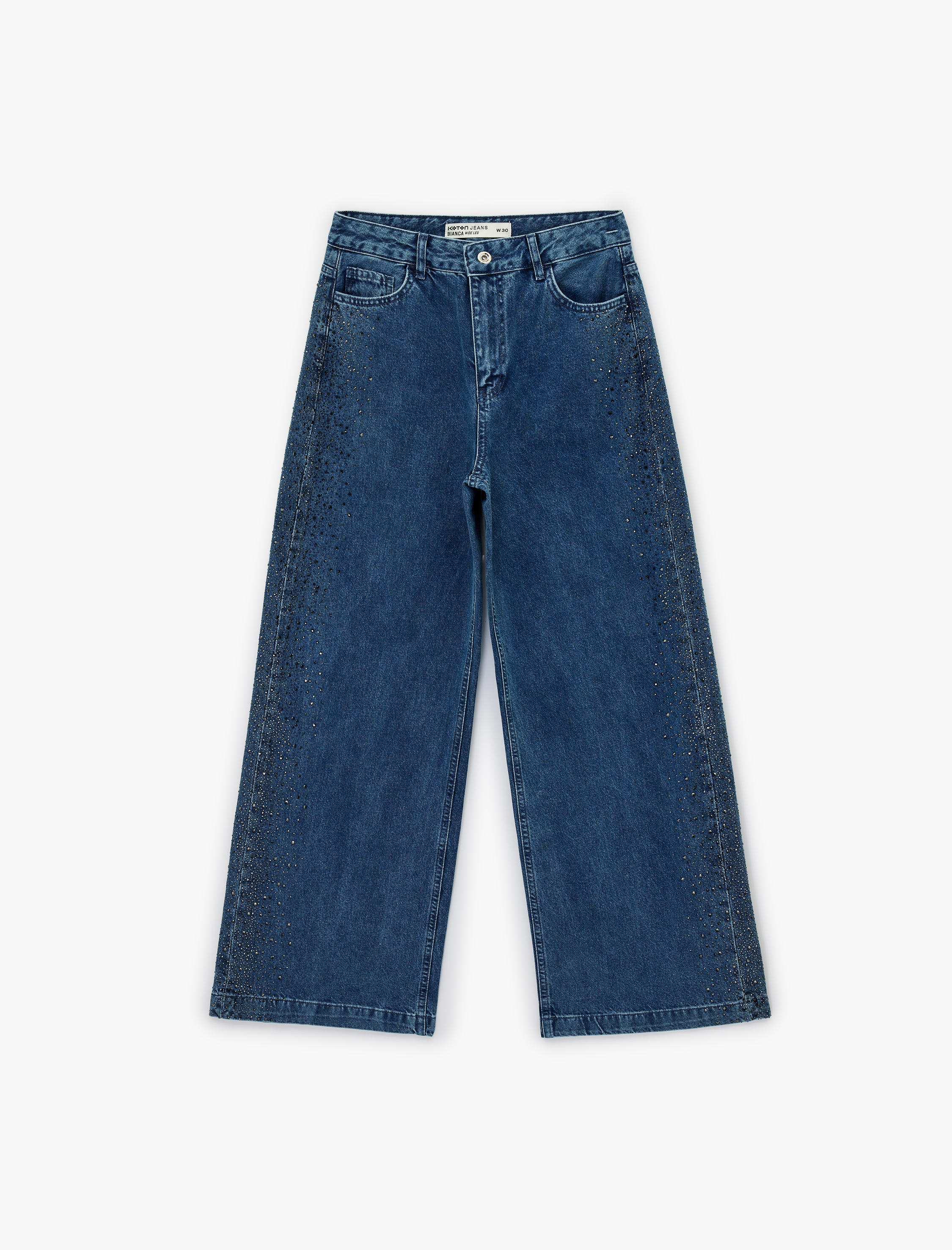   Düğmeli Cepli Geniş Paça Pamuklu Taşlı Jean Pantolon - Wide Leg Jeans