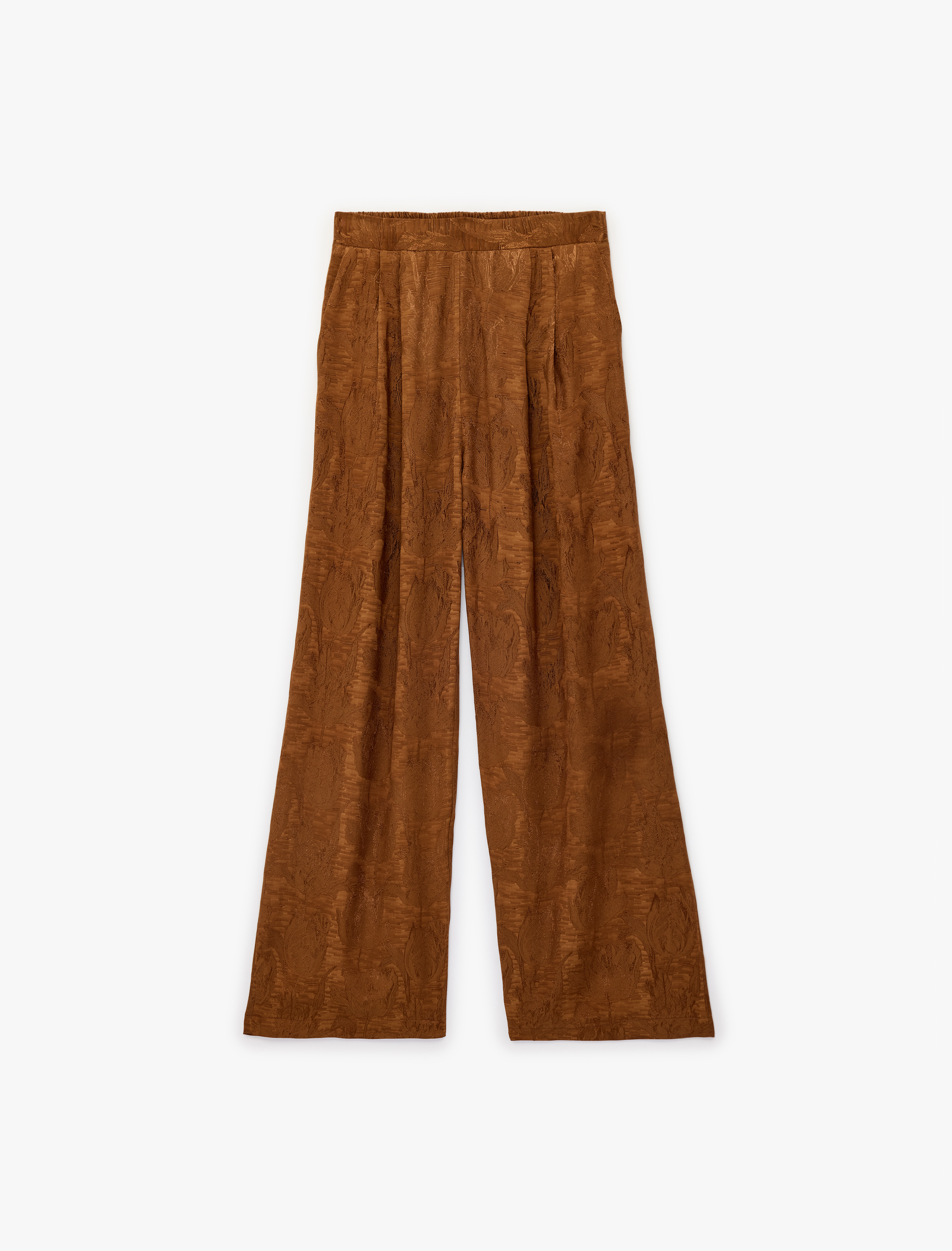   Viskon Kumaş Floral Dokulu Yüksek Bel Geniş Paça Palazzo Pantolon