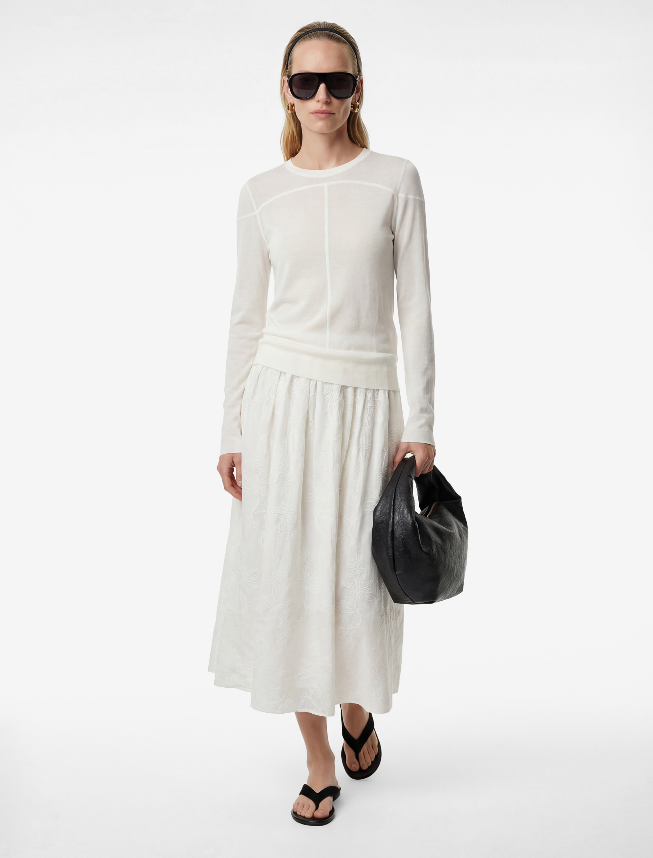   Pamuklu Cepli Pileli Floral Dokulu Nakış Detaylı Brodeli Midi Etek