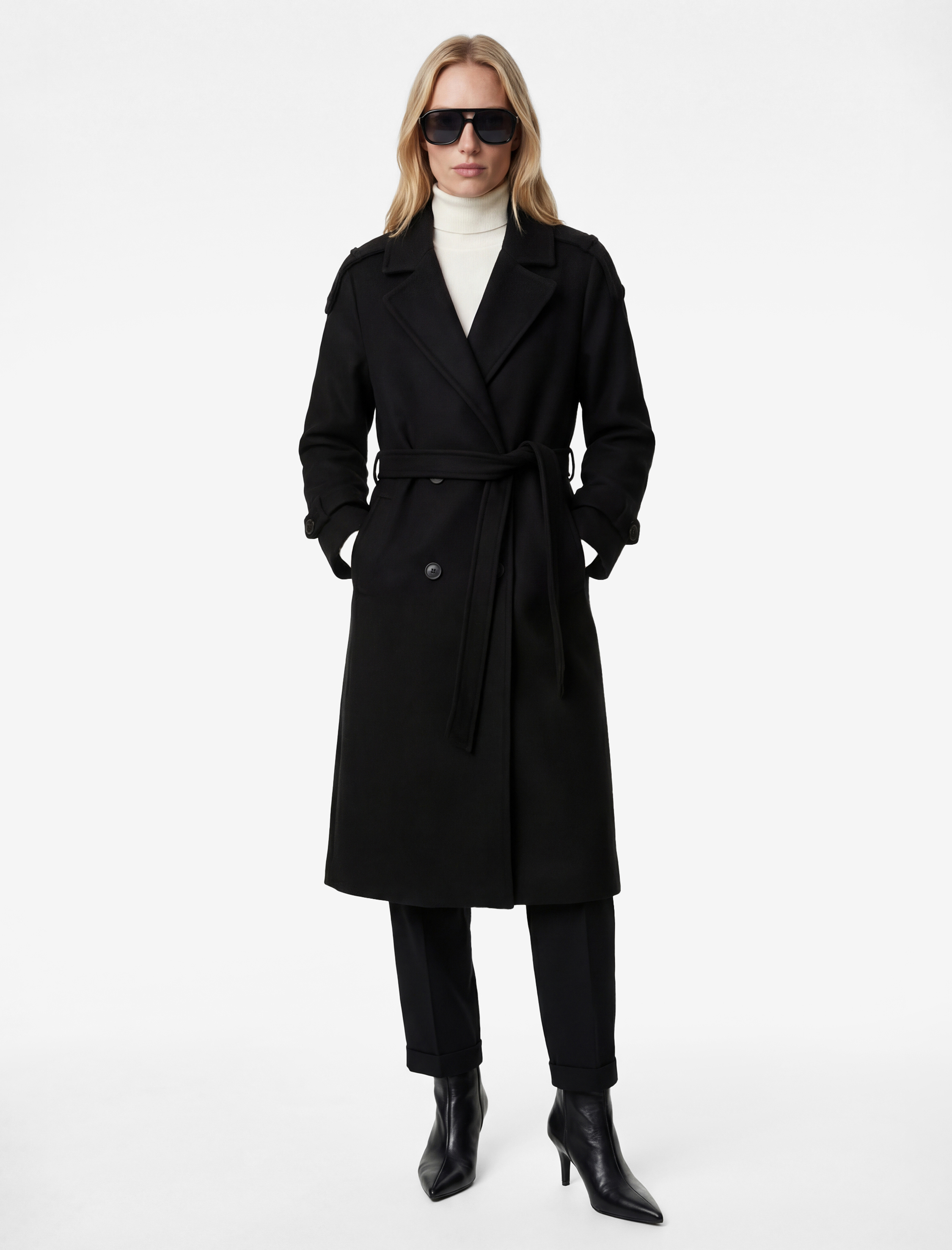   Uzun Kollu Cepli Düğmeli Kuşak Detaylı Kruvaze Kaşe Trenç Kaban