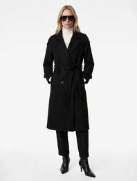 Uzun Kollu Cepli Düğmeli Kuşak Detaylı Kruvaze Kaşe Trenç Kaban