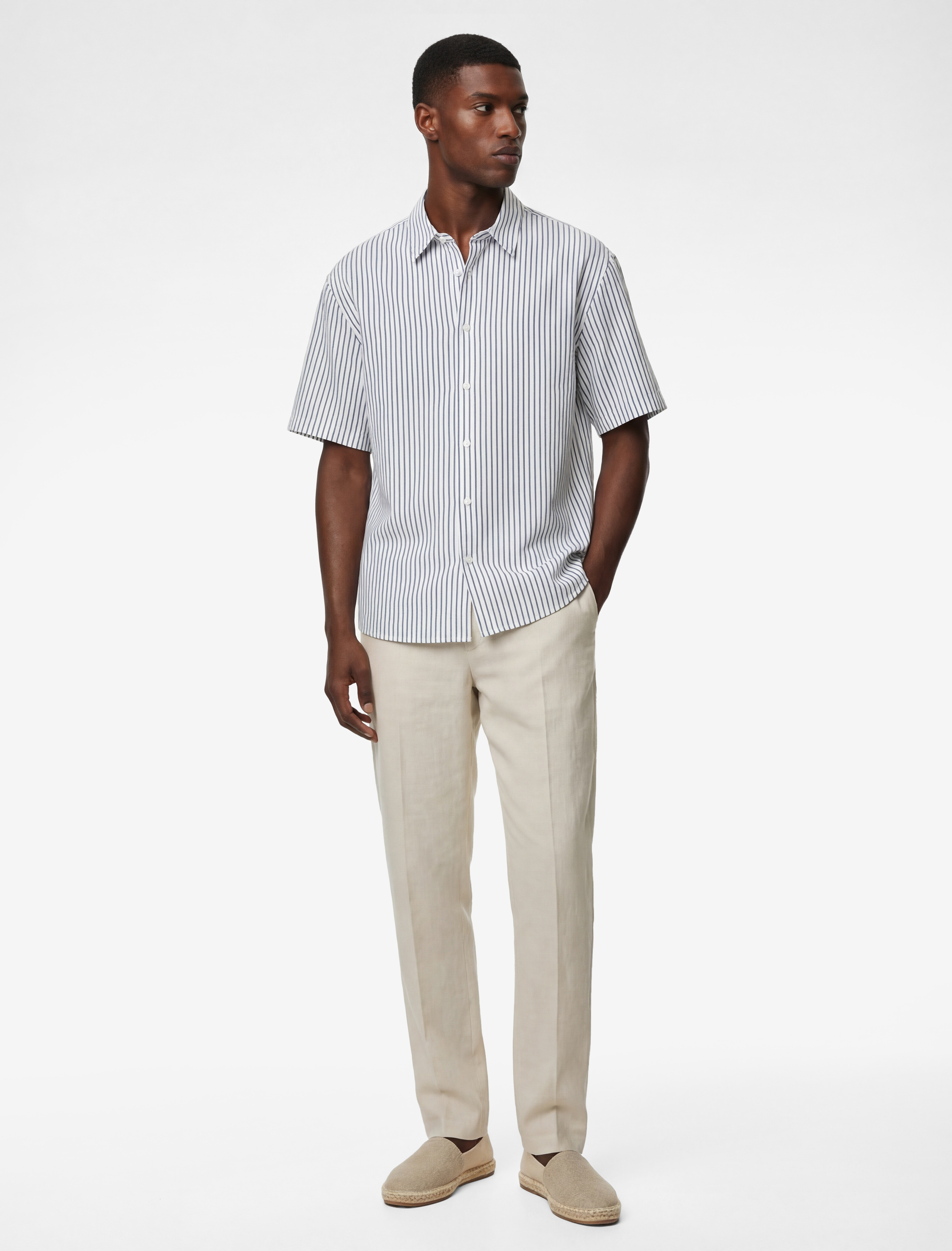   Rahat Kalıp Kısa Kollu Klasik Yaka Pamuklu Çizgili Gömlek