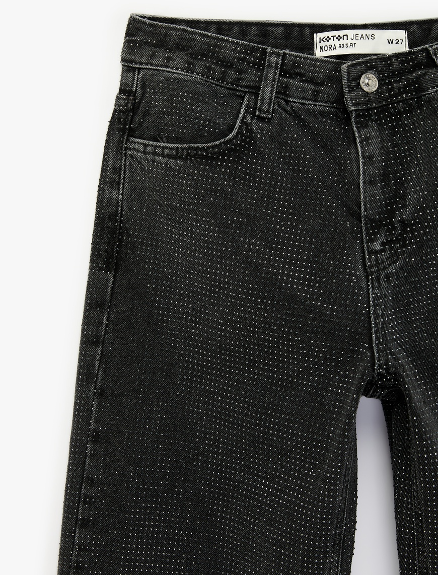 Siyah Kadın Düz Paça Normal Bel Taş Detaylı Pamuklu Denim Pantolon