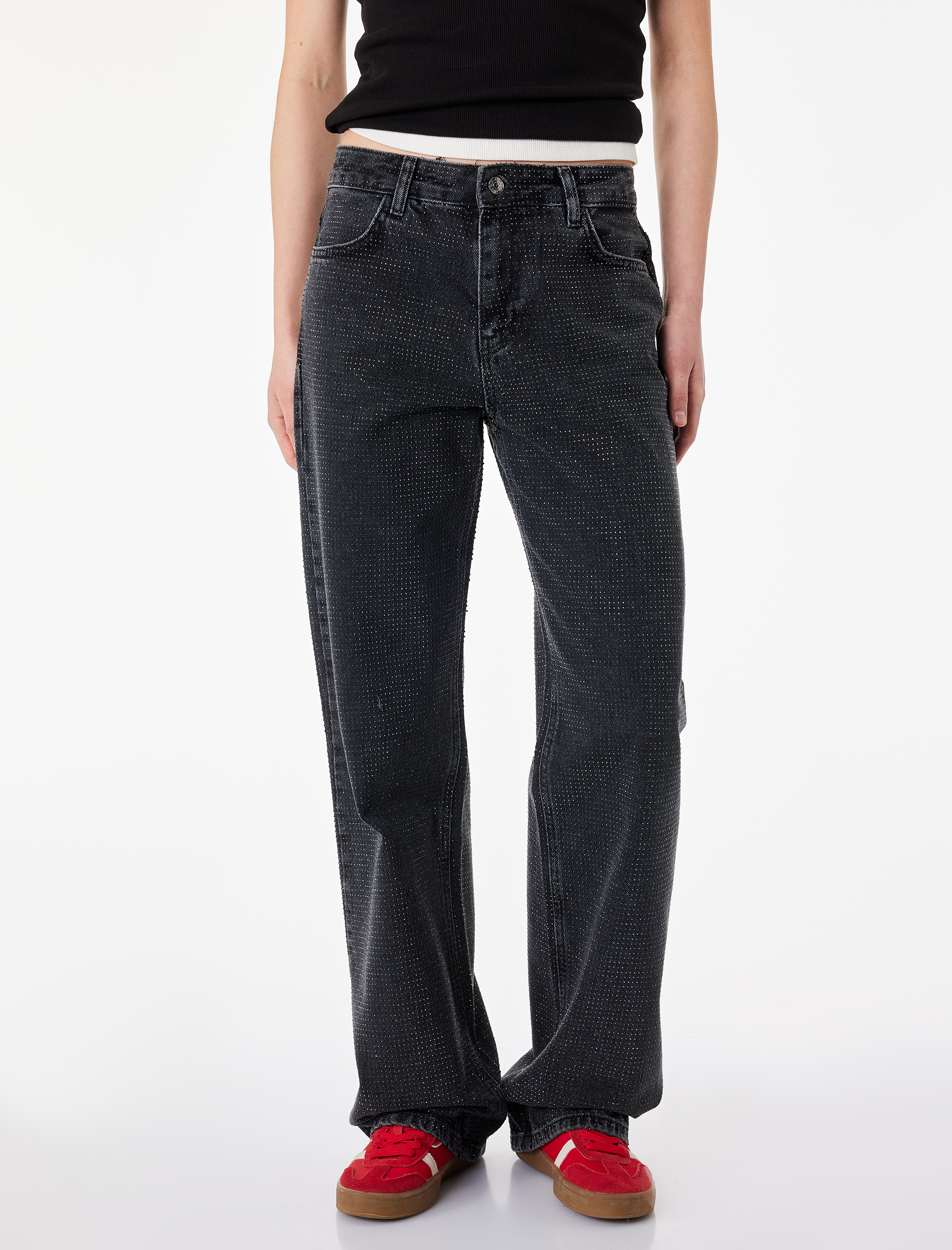   Düz Paça Normal Bel Taş Detaylı Pamuklu Denim Pantolon - Straight Fit Jean