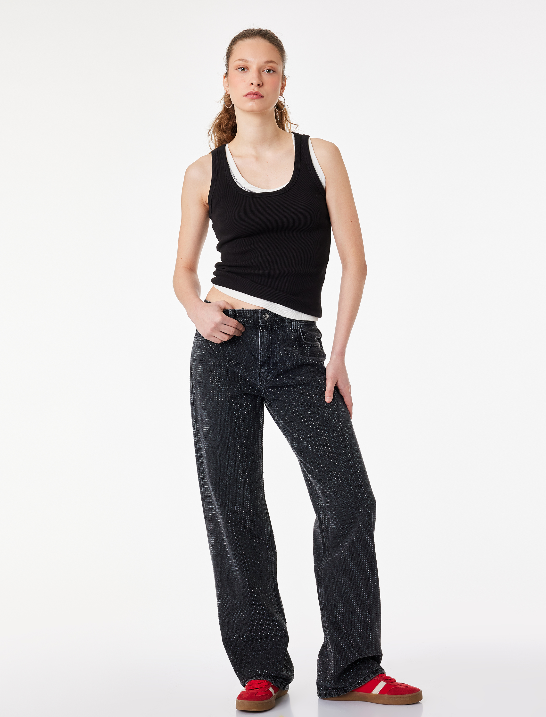   Düz Paça Normal Bel Taş Detaylı Pamuklu Denim Pantolon - Straight Fit Jean