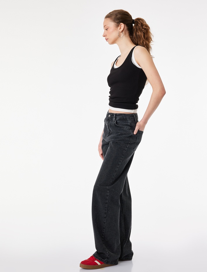  Düz Paça Normal Bel Taş Detaylı Pamuklu Denim Pantolon - Straight Fit Jean