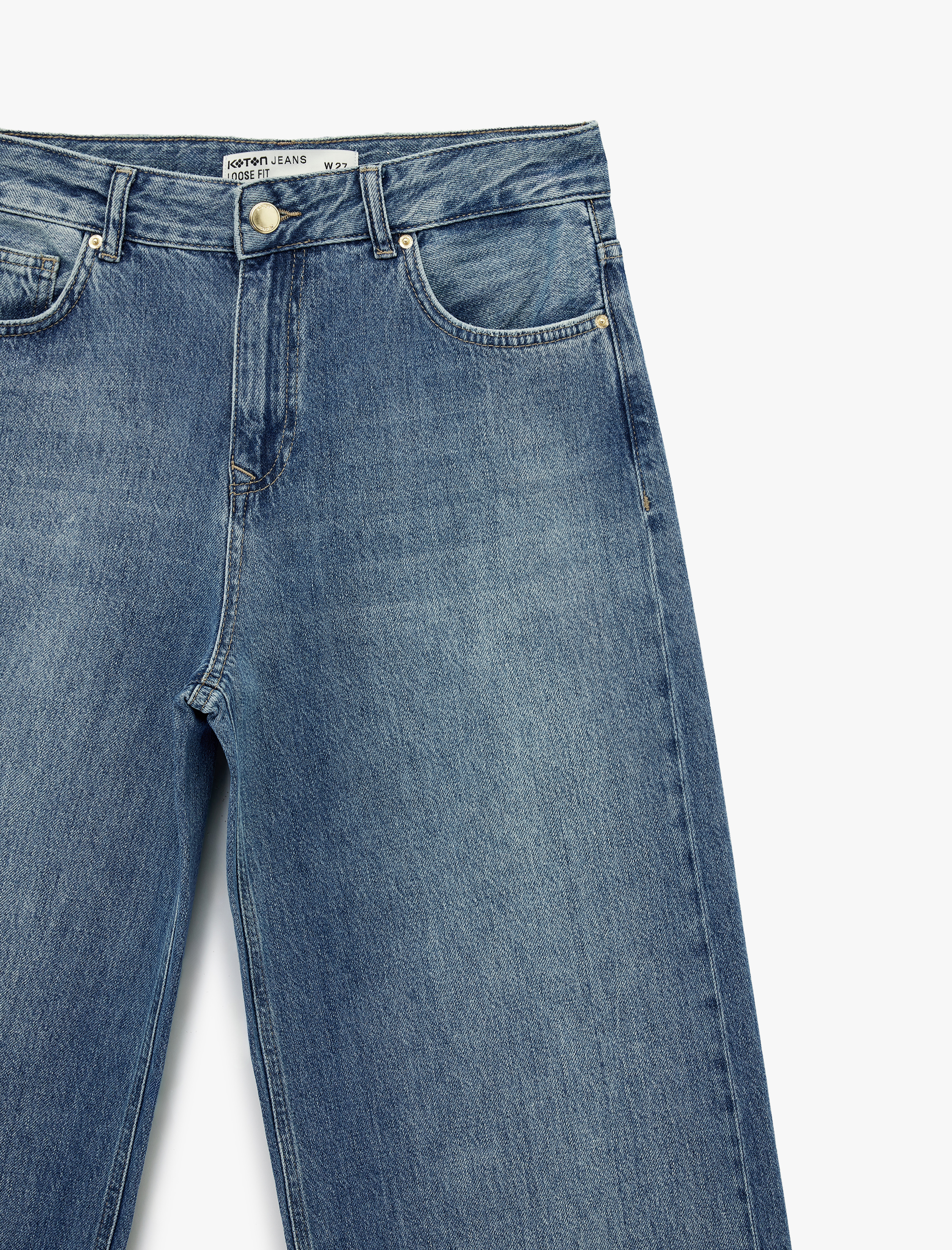   Düğmeli Cep Detaylı Normal Bel Bol Kalıp Denim Pantolon - Loose Straight Fit Jean