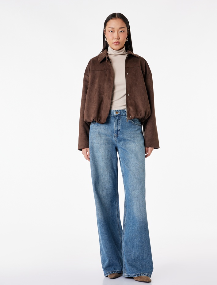  Düğmeli Cep Detaylı Normal Bel Bol Kalıp Denim Pantolon - Loose Straight Fit Jean