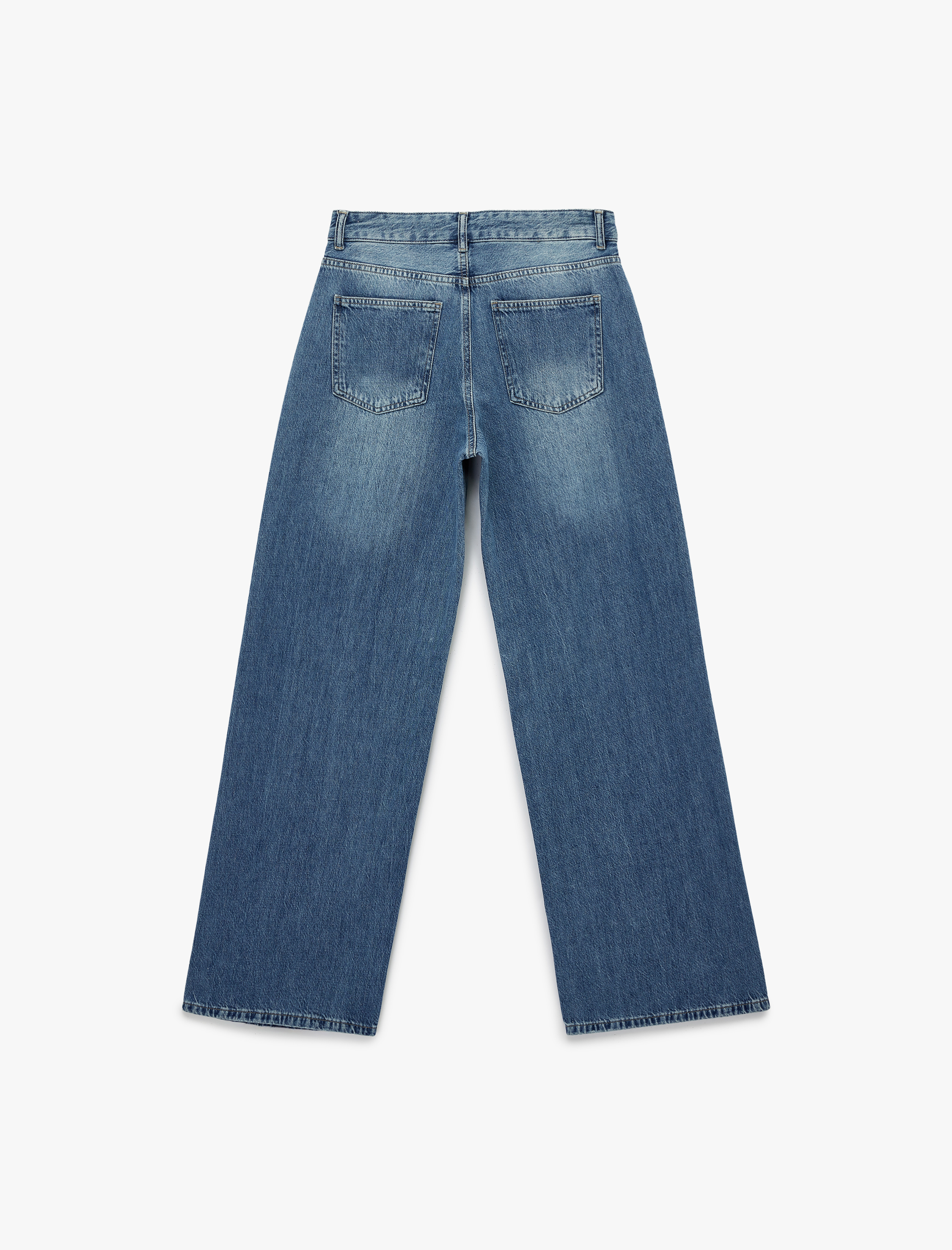   Düğmeli Cep Detaylı Normal Bel Bol Kalıp Denim Pantolon - Loose Straight Fit Jean