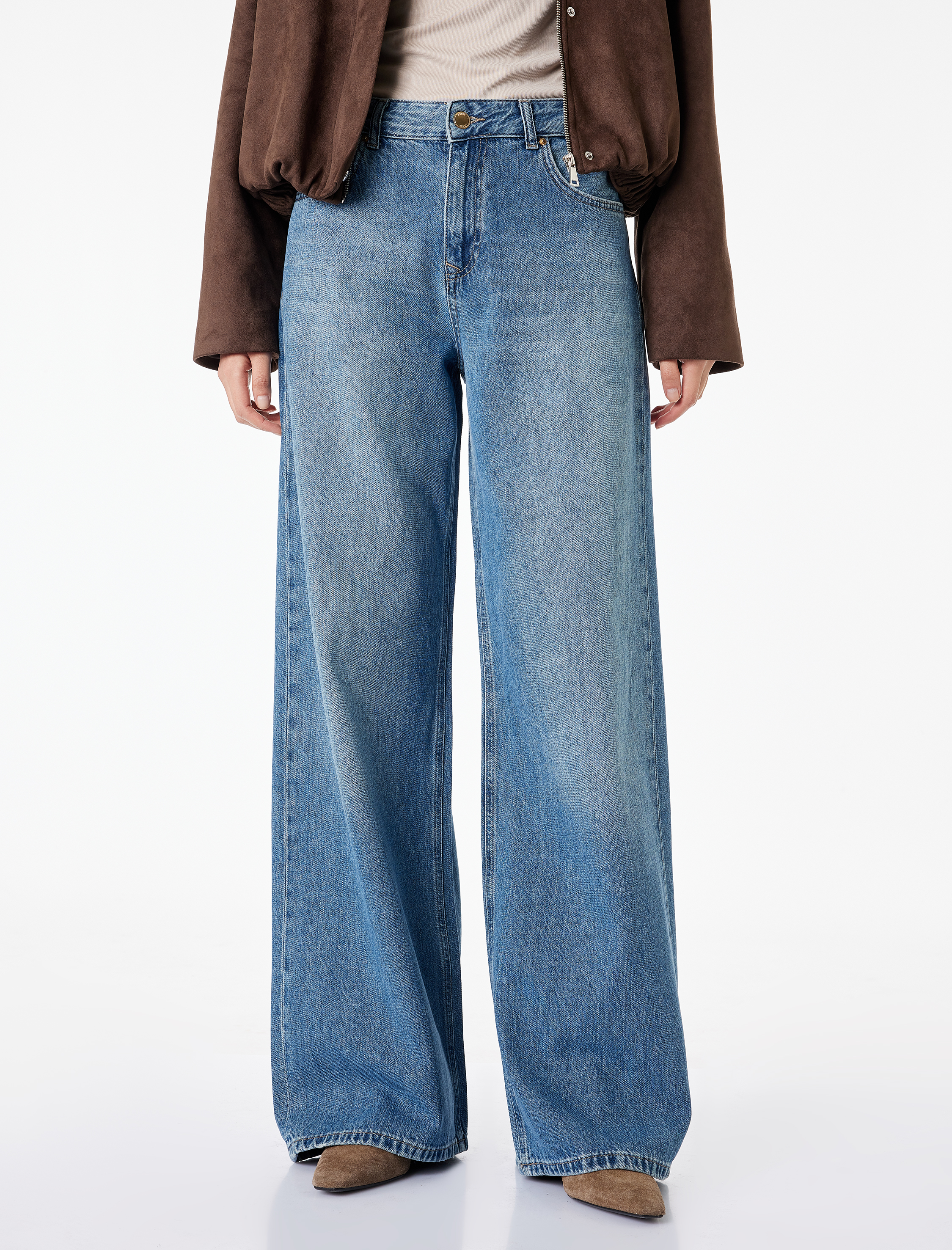   Düğmeli Cep Detaylı Normal Bel Bol Kalıp Denim Pantolon - Loose Straight Fit Jean