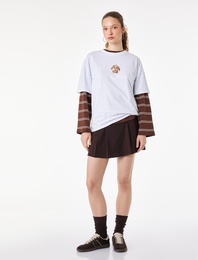 Rahat Kalıp Kısa Kollu Bisiklet Yaka Pamuklu Köpek Nakışlı Tişört