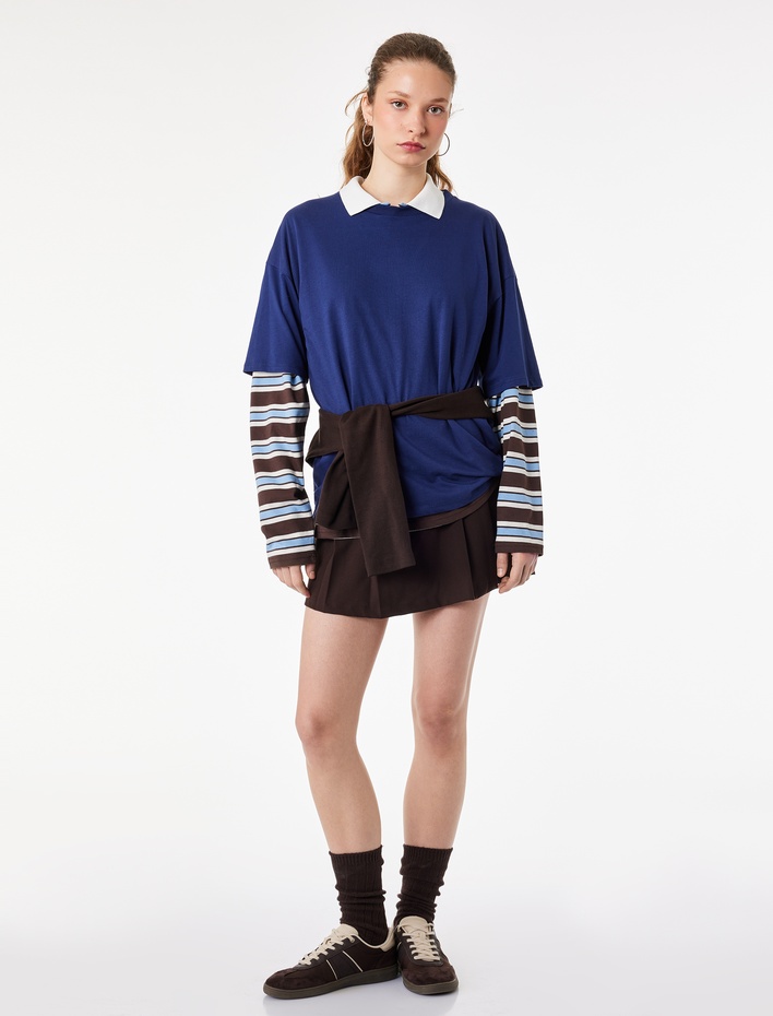  Rahat Kalıp Kısa Kollu Bisiklet Yaka Arkası Taş Detaylı Tişört