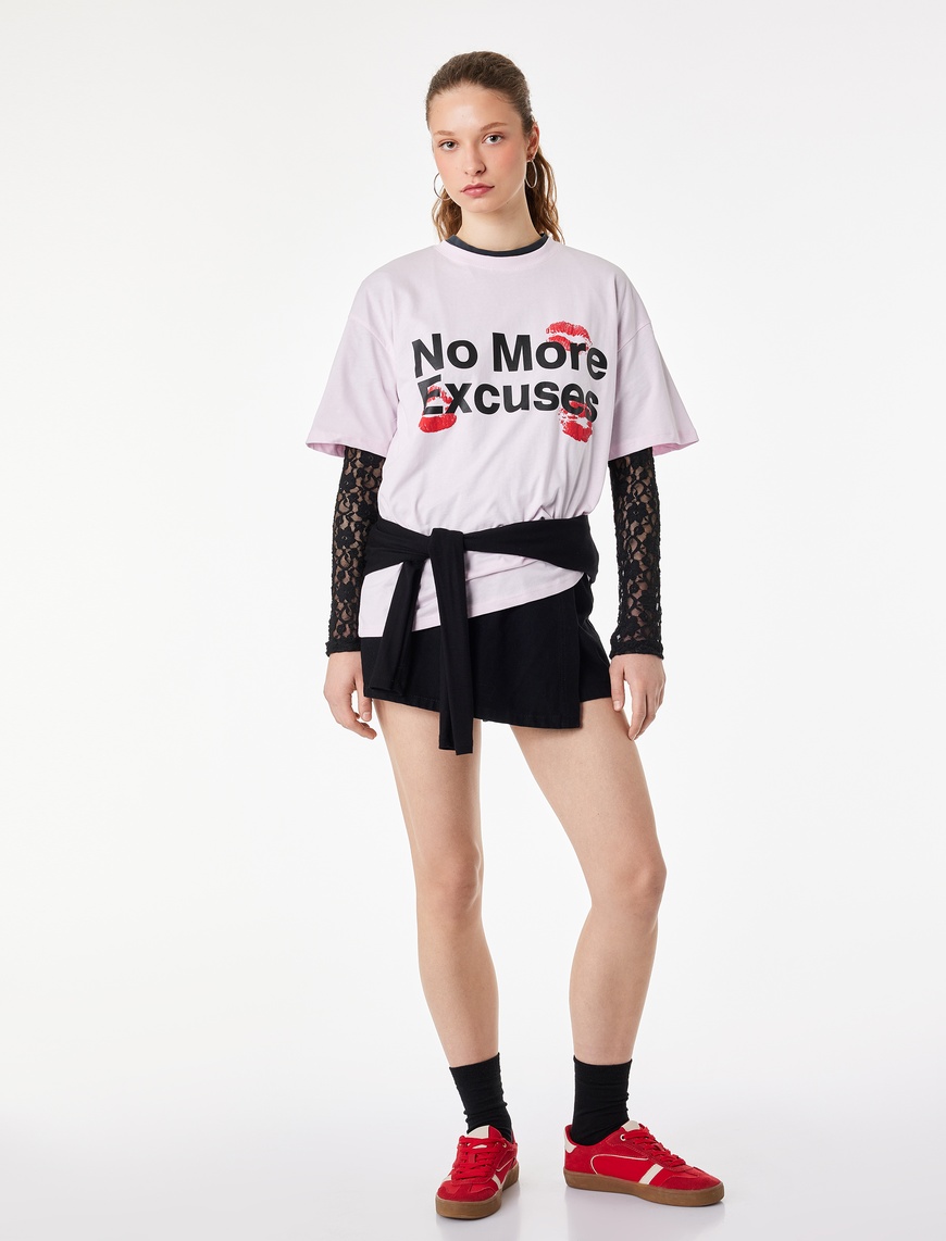 Koton Kadın Rahat Kalıp Kısa Kollu Bisiklet Yaka Pamuklu Baskılı T-Shirt