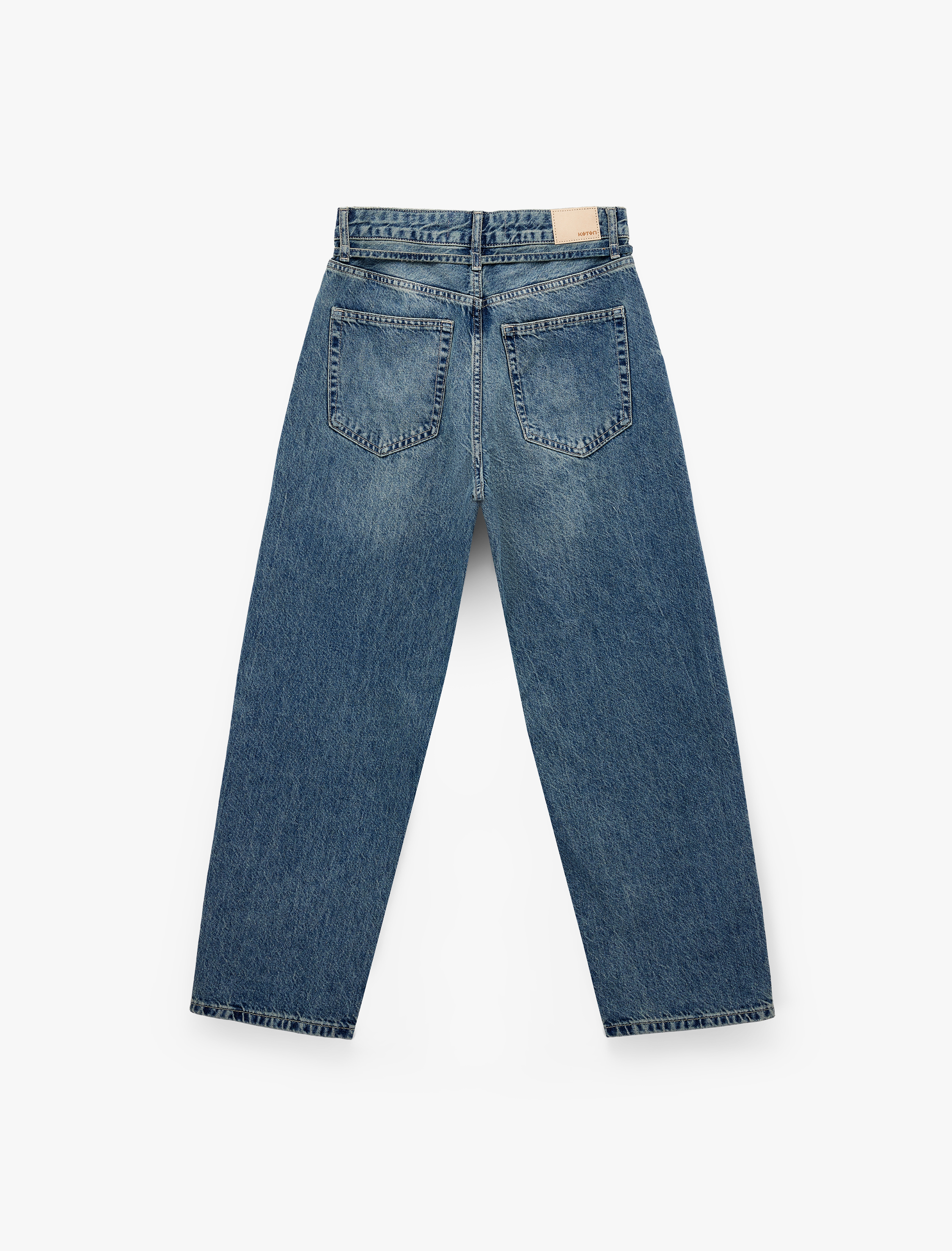   Pamuklu Kemerli Dikiş Detaylı Rahat Kalıp Düz Paça Denim Pantolon - Ballon Jeans