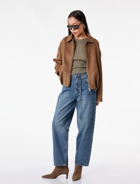 Pamuklu Kemerli Dikiş Detaylı Rahat Kalıp Düz Paça Denim Pantolon - Ballon Jeans