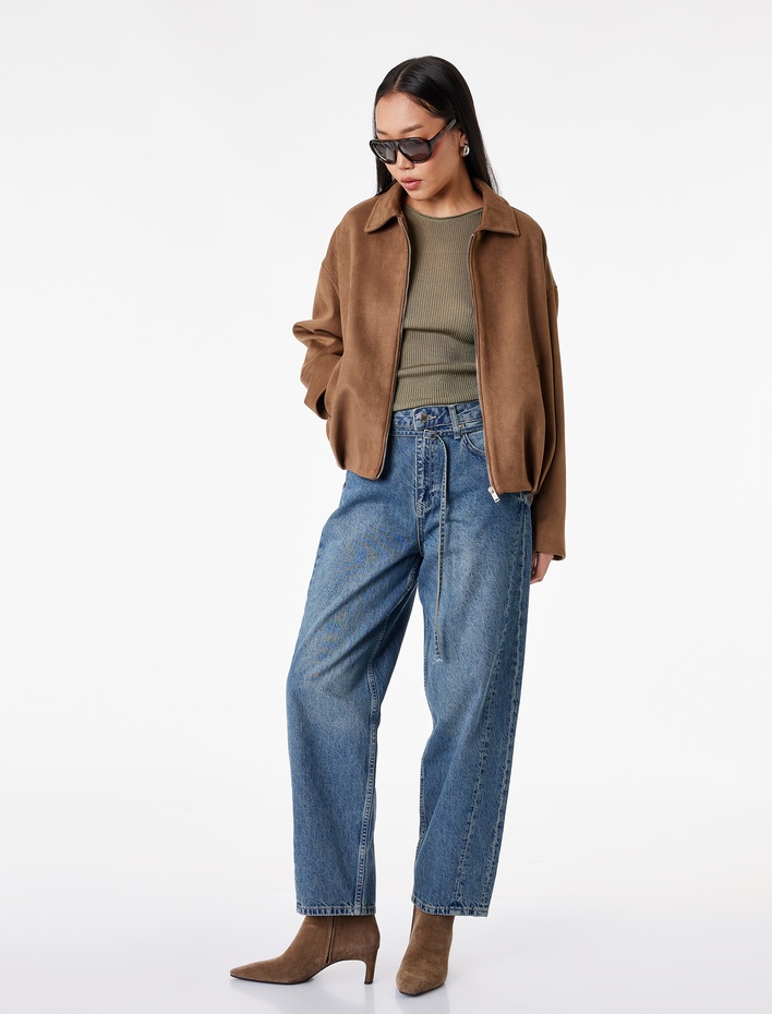  Pamuklu Kemerli Dikiş Detaylı Rahat Kalıp Düz Paça Denim Pantolon - Ballon Jeans