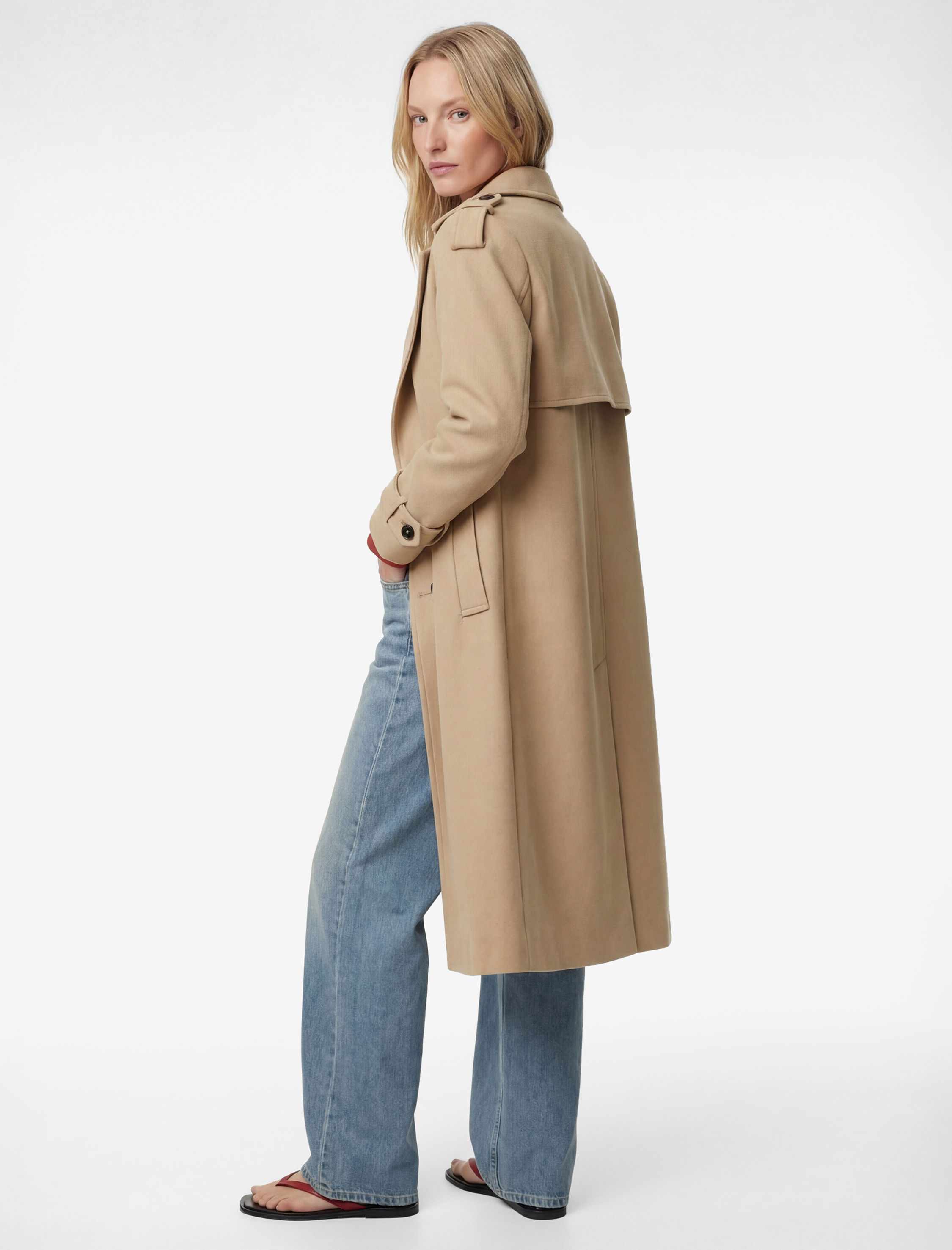   Uzun Kollu Cepli Düğmeli Kuşak Detaylı Kruvaze Kaşe Trenç Kaban