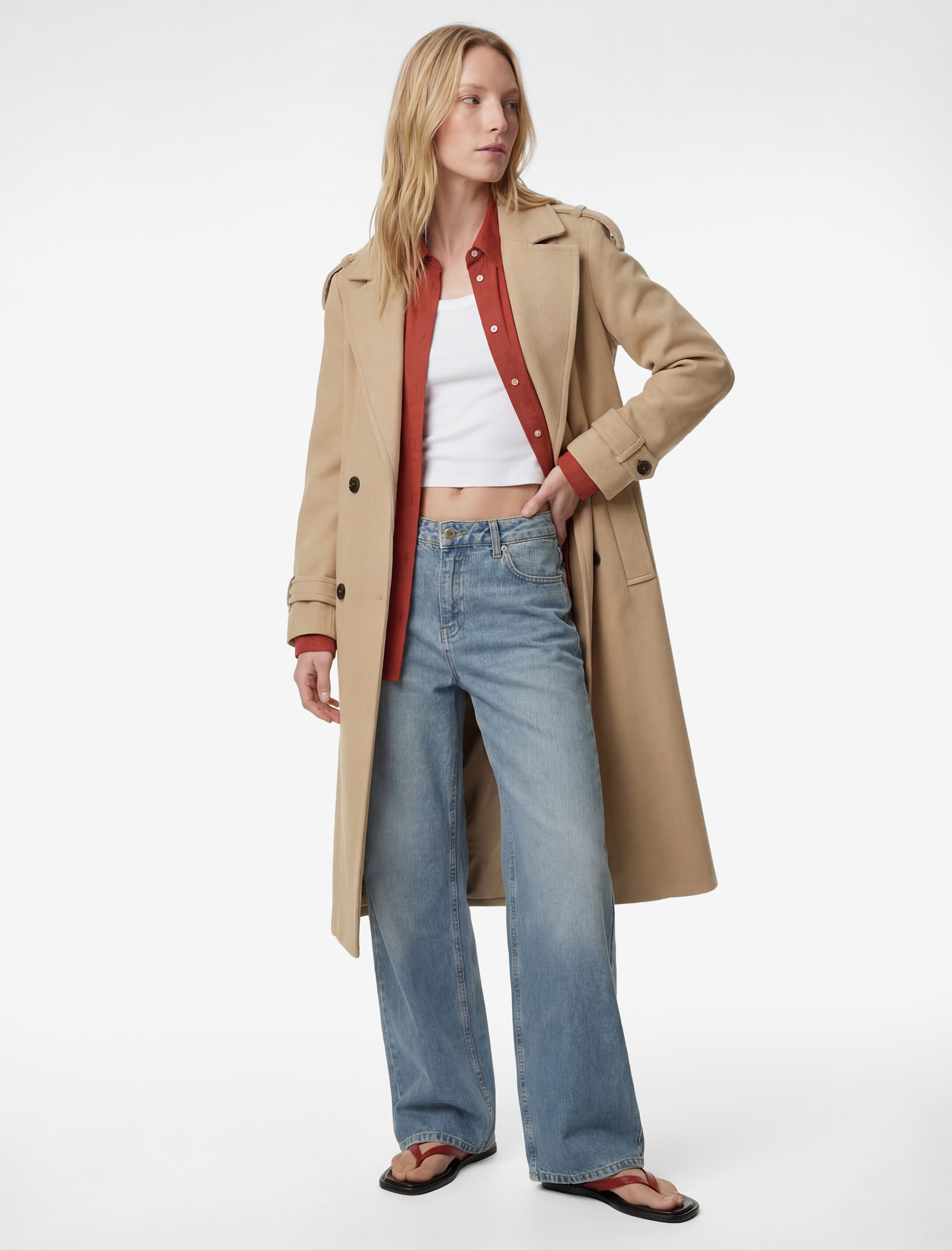   Uzun Kollu Cepli Düğmeli Kuşak Detaylı Kruvaze Kaşe Trenç Kaban