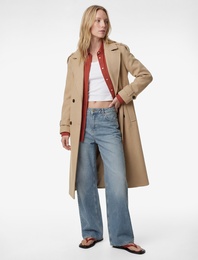 Uzun Kollu Cepli Düğmeli Kuşak Detaylı Kruvaze Kaşe Trenç Kaban